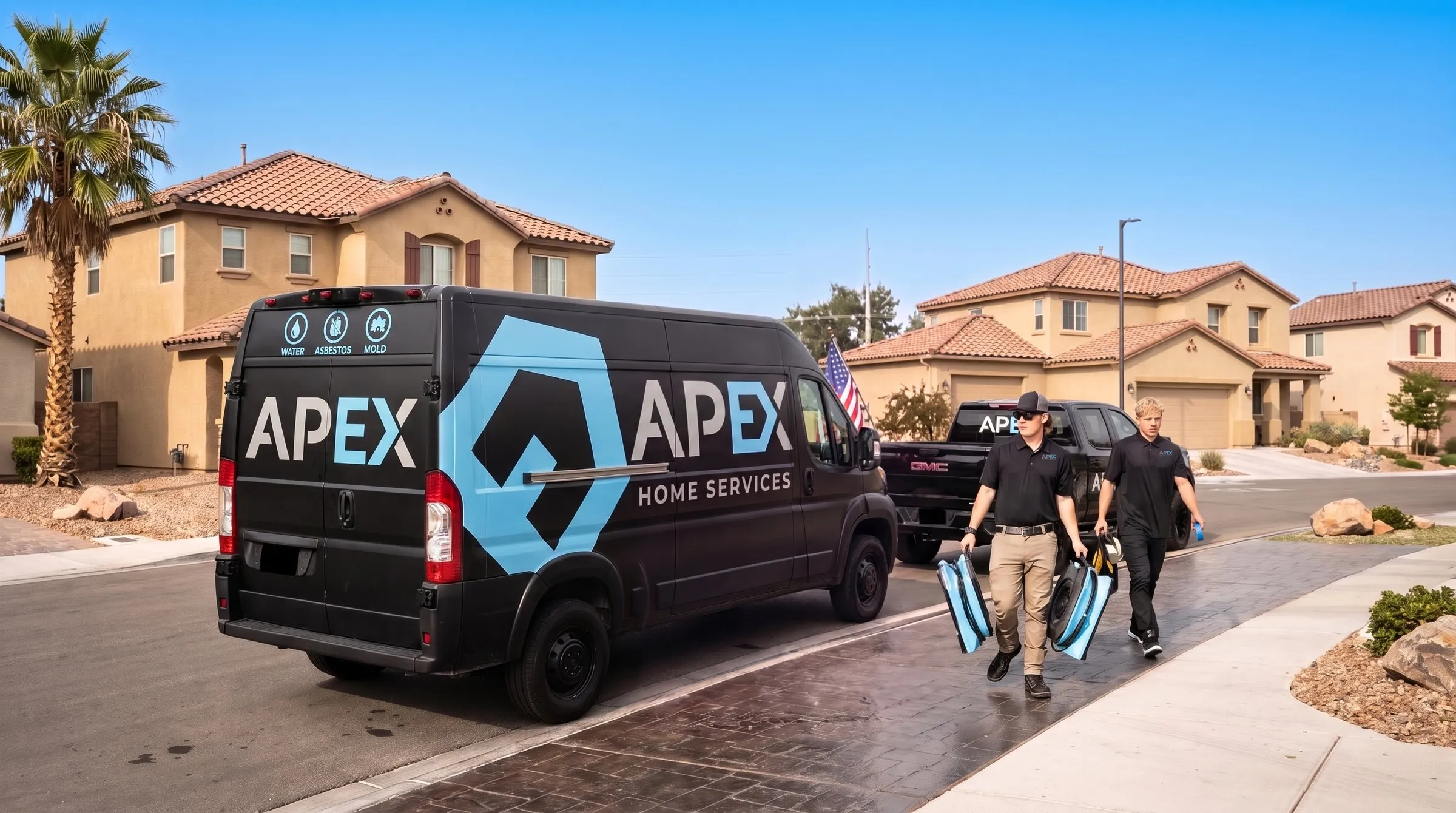 Two technicians carrying air movers past the Apex Home Services van and pickup, water damage restoration company in Las Vegas