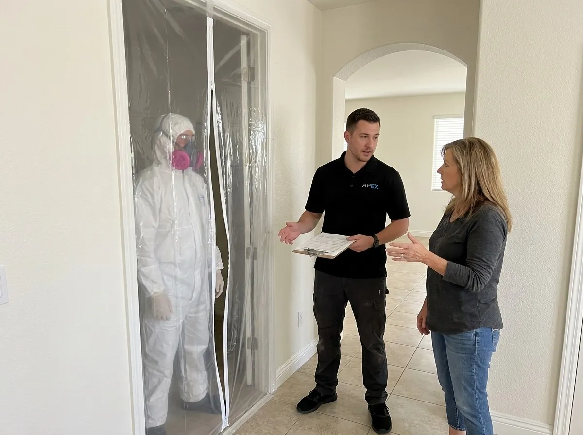 Supervisor with a clipboard going over the plan with a homeowner beside a plastic containment wall, asbestos abatement from Apex Home Services in Las Vegas