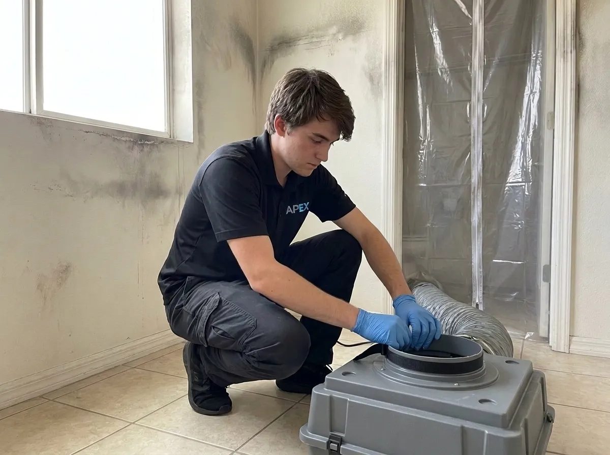 Technician connecting a duct to an air scrubber in a smoke-damaged bedroom, fire damage restoration from Apex Home Services in Las Vegas